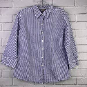 L.L. Bean blue white seersucker button front shirt 100% cotton women size large